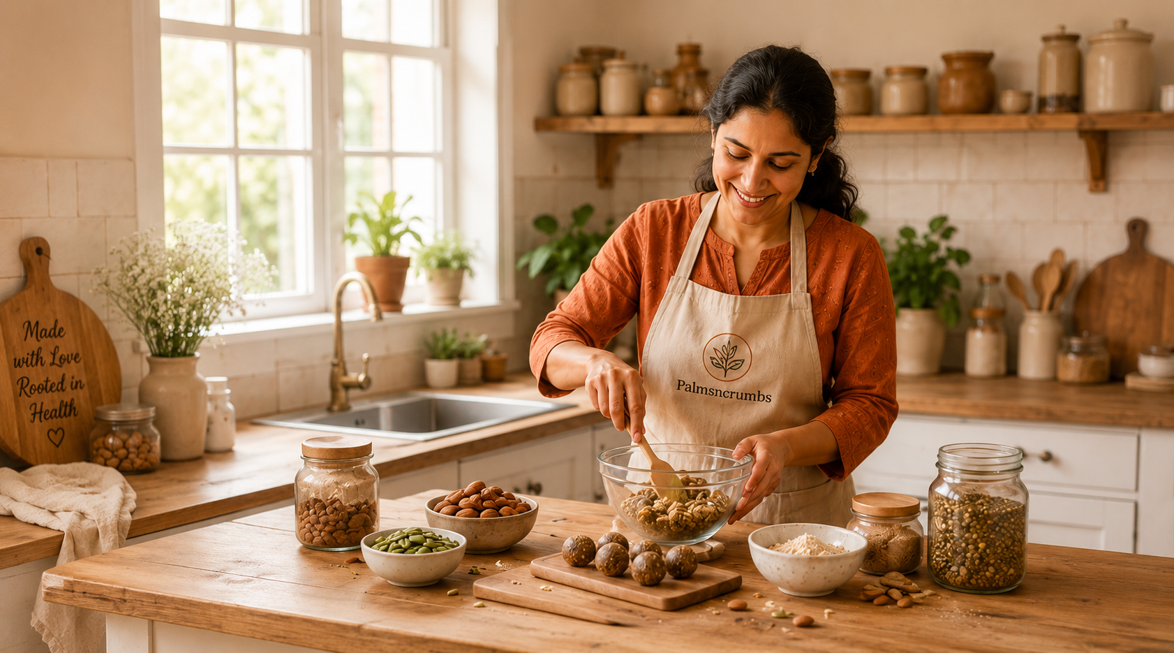 Palmsncrumbs founder preparing handmade natural snack bites in her kitchen
