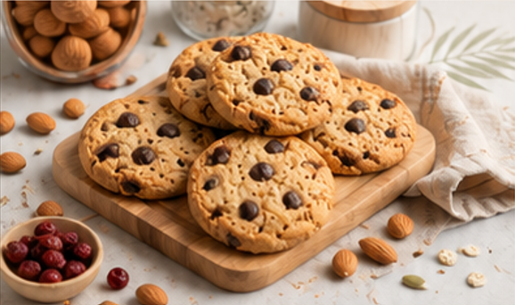 Freshly baked chocolate chip cookies with almonds and berries